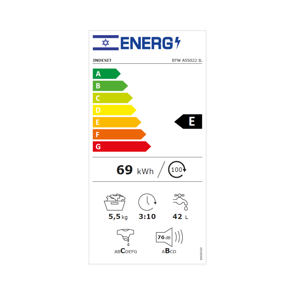 דירוג אנרגטי E - מכונת כביסה פתח עליון Indesit BTWA55022IL