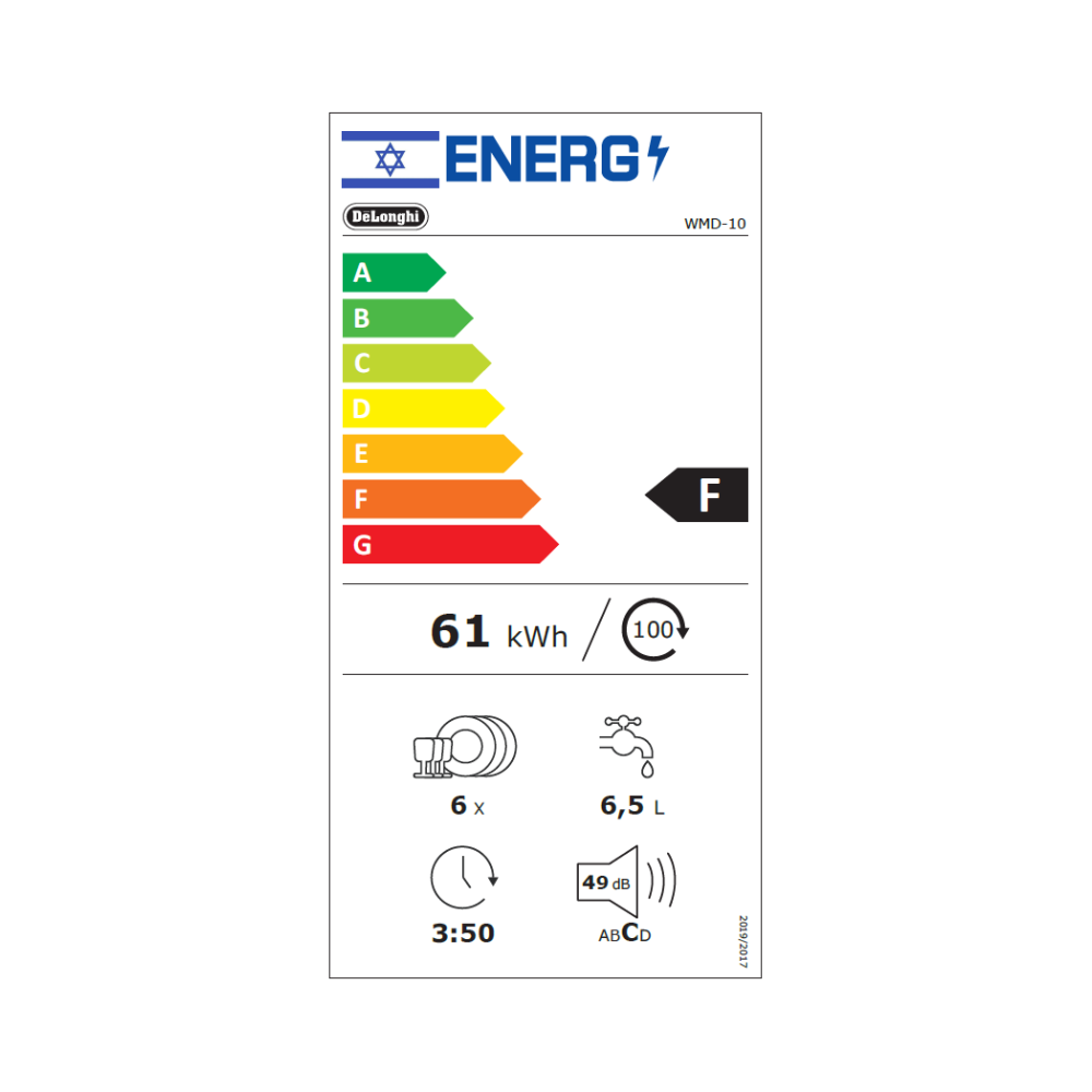 דירוג אנרגיה F - מדיח כלים שולחני DeLonghi WMD-10T