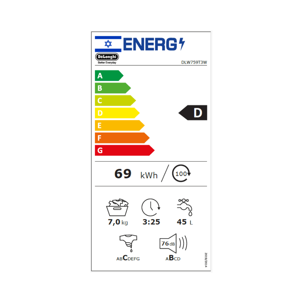 דירוג אנרגיה D - מכונת כביסה 7 ק"ג DeLonghi DLW759T3W