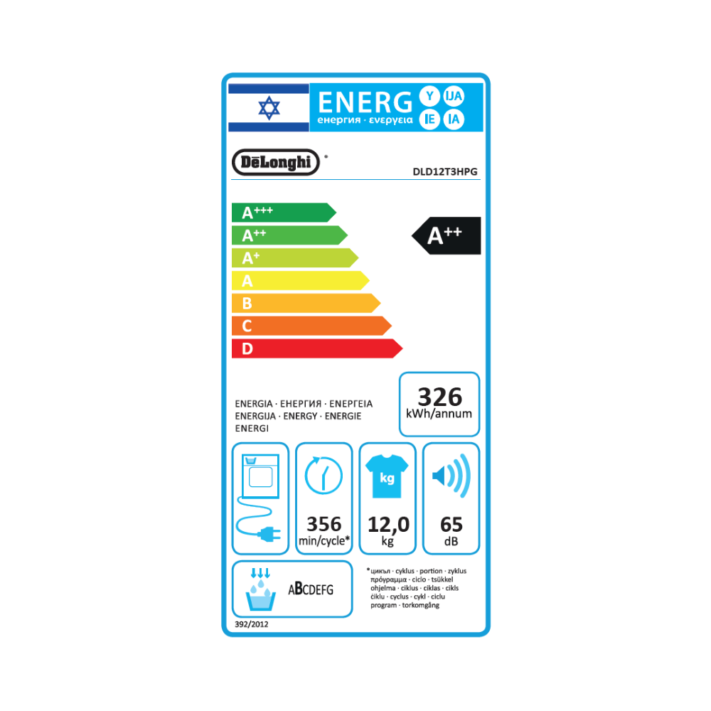 דירוג אנרגיה A - מייבש כביסה קונדנסור 12 ק״ג DeLonghi DLD12T3HPG