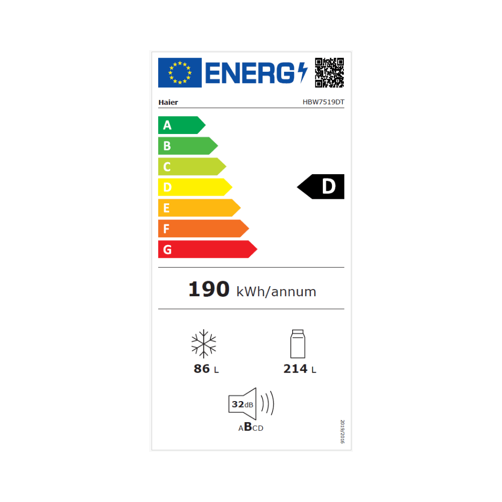 דירוג אנרגיה D - מקרר אינטגרלי 300 ליטר Haier HBW7519DT