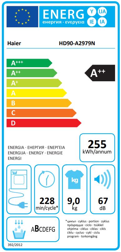 תווית אנרגיה מייבש כביסה Haier HD90A2979N